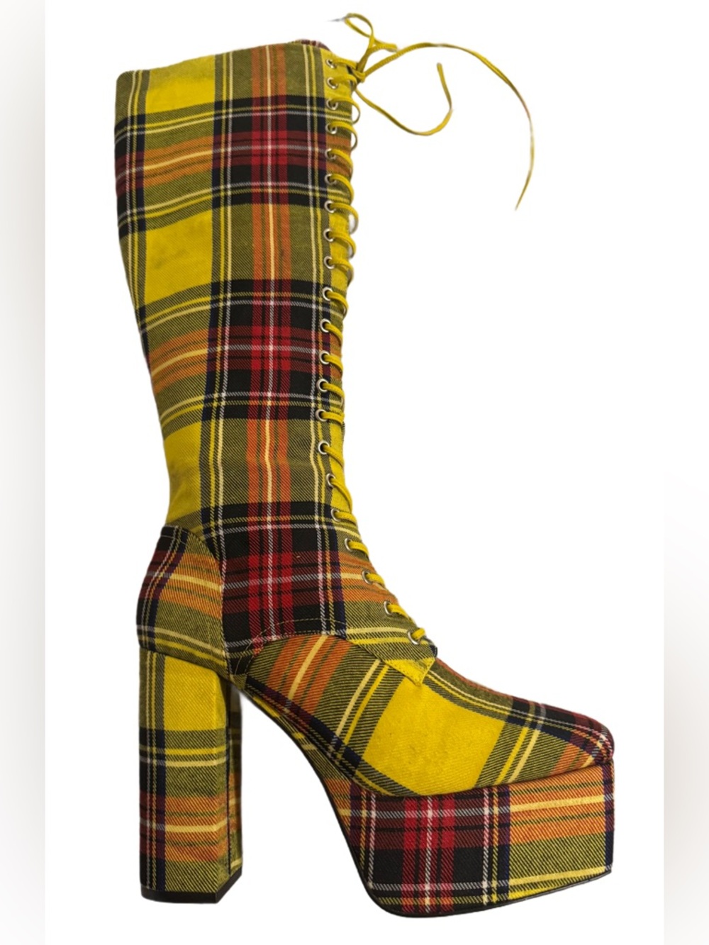 Jeffrey Campbell Yellow Plaid Platform Knee-High Lace-Up Boots NEW IN BOX